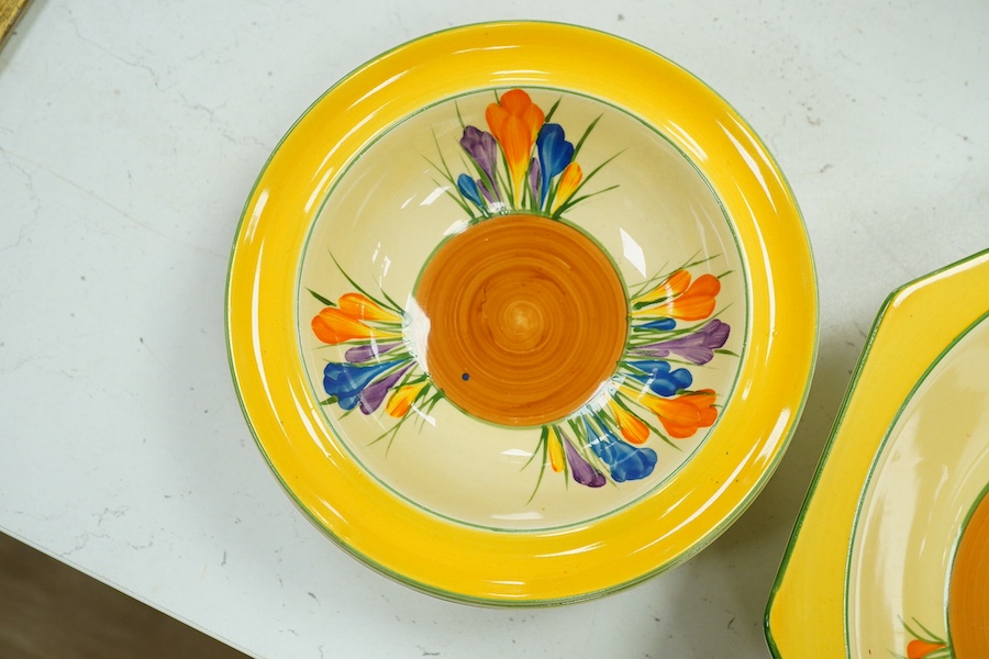 A Clarice Cliff Crocus pattern octagonal bowl and set of six dishes, largest 23cm wide. Condition - good